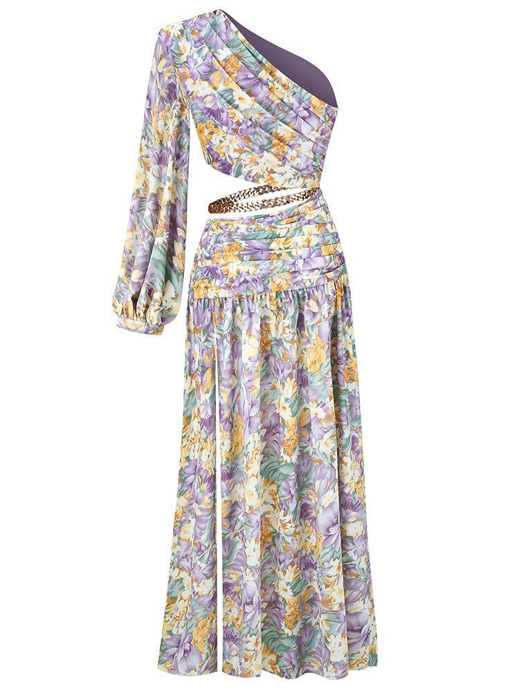 One Shoulder Lantern Sleeve Twisted Crop Floral Cutout Slit Maxi Dress Set