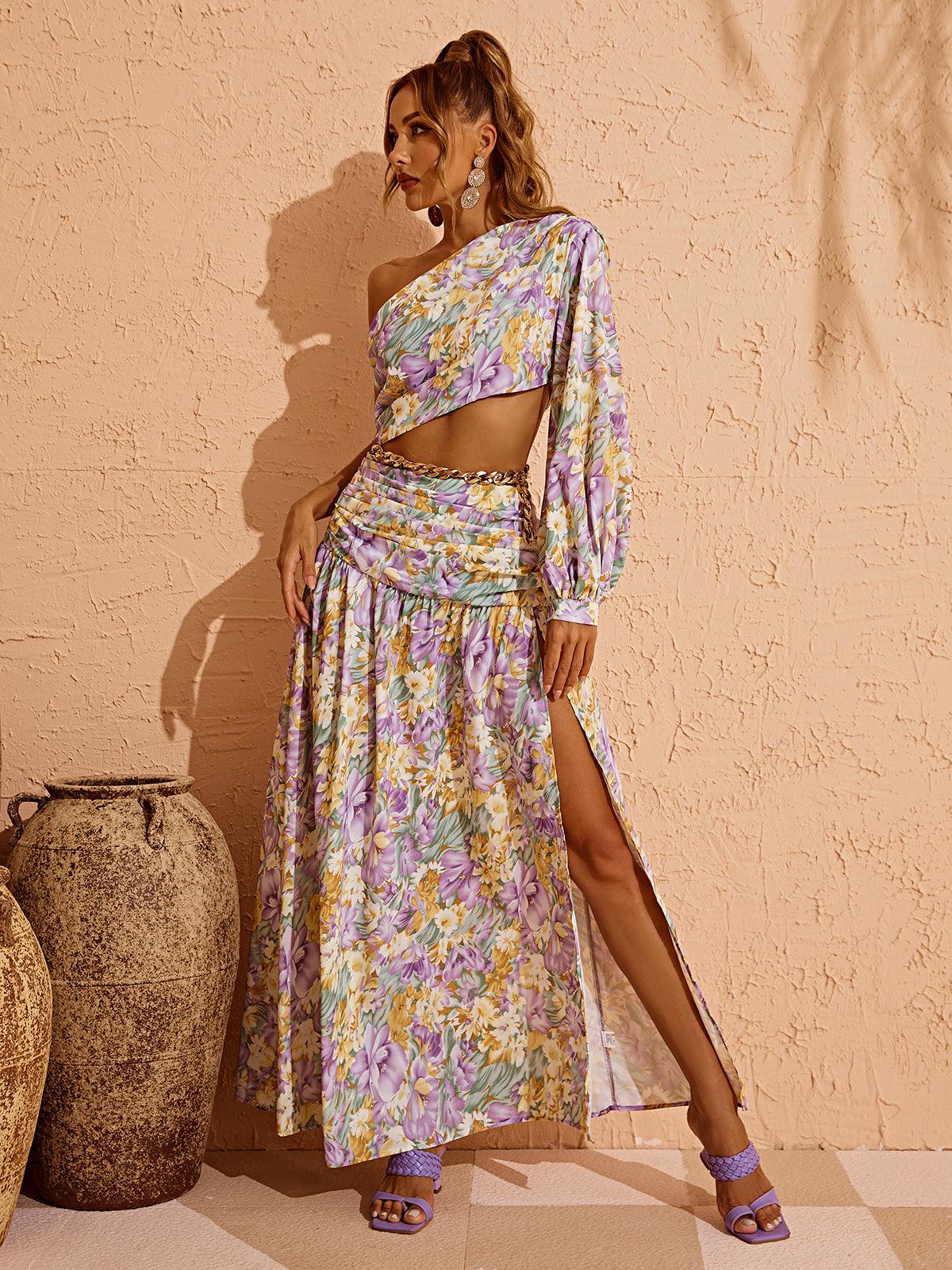 One Shoulder Lantern Sleeve Twisted Crop Floral Cutout Slit Maxi Dress Set