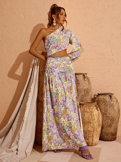 One Shoulder Lantern Sleeve Twisted Crop Floral Cutout Slit Maxi Dress Set