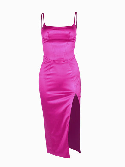 Square Neck Spaghetti Strap Corset Seam High Slit Midi Dress