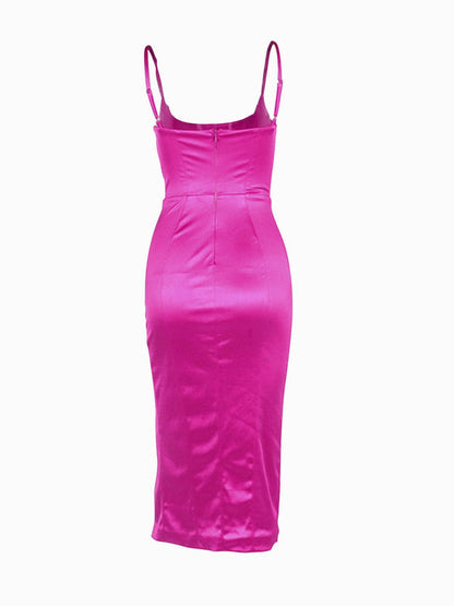 Square Neck Spaghetti Strap Corset Seam High Slit Midi Dress