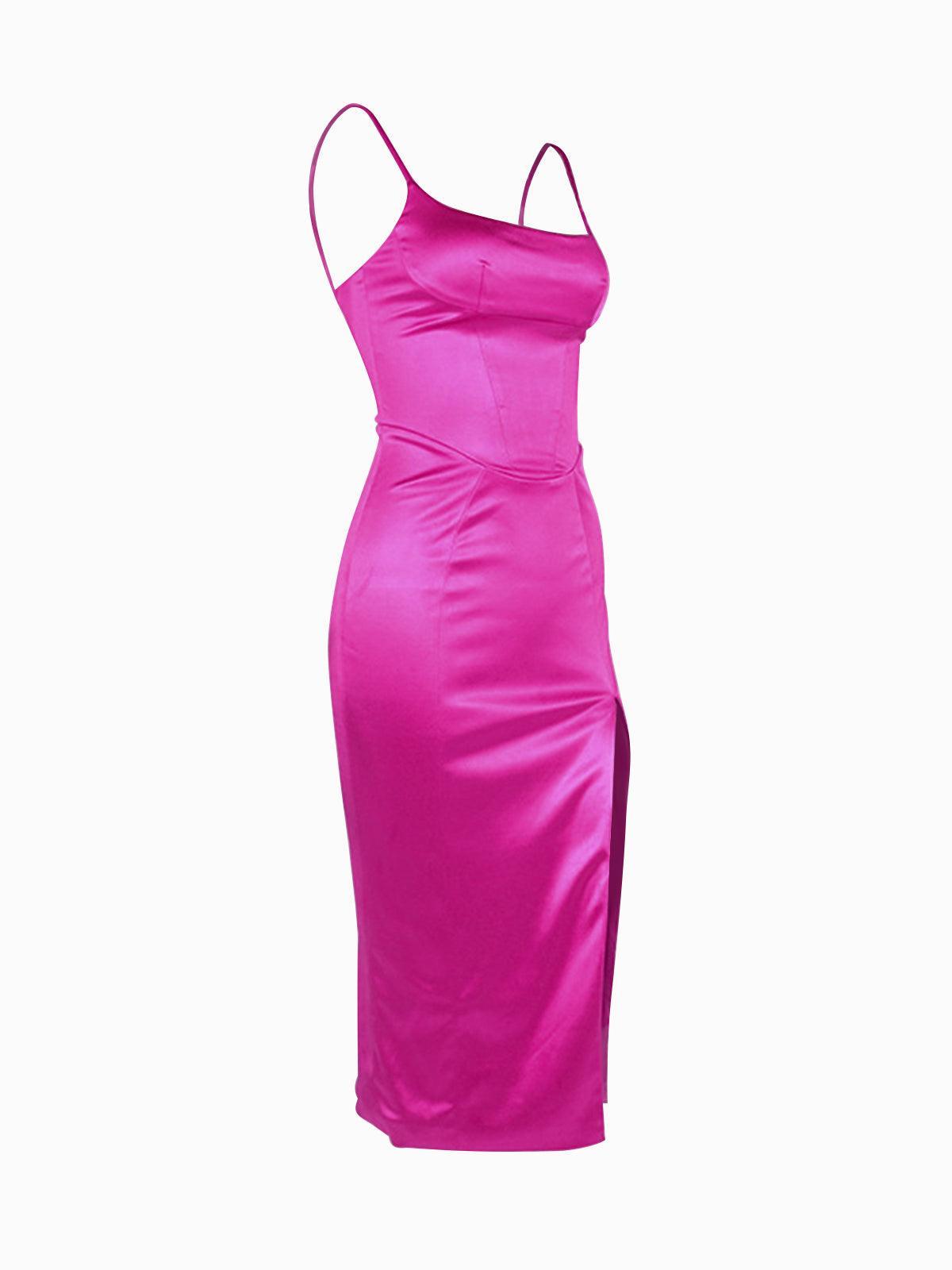 Square Neck Spaghetti Strap Corset Seam High Slit Midi Dress