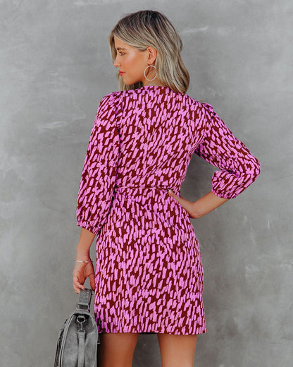 Abstract Print Wrap Tie Waist Puff Sleeve Mini Dress