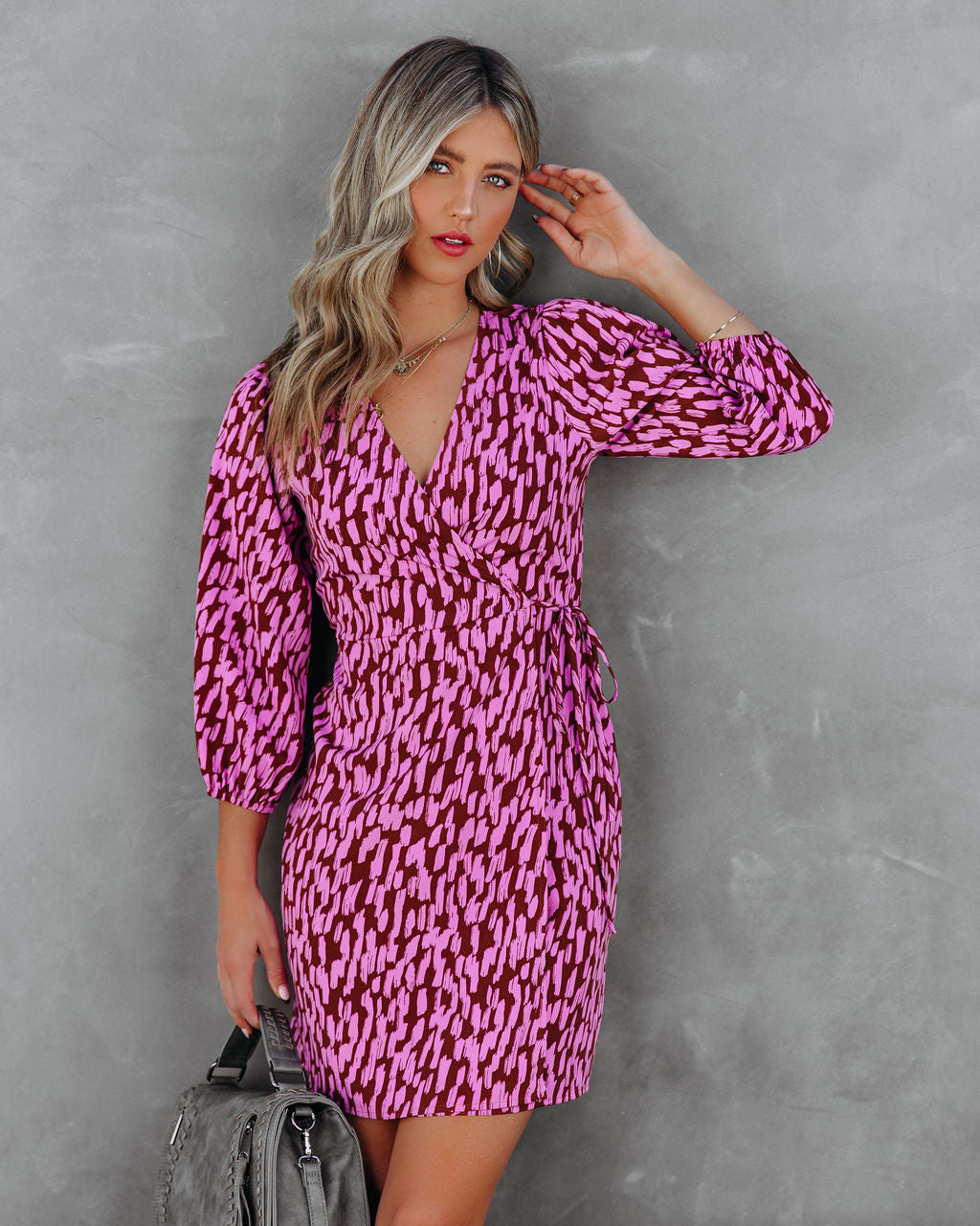 Abstract Print Wrap Tie Waist Puff Sleeve Mini Dress