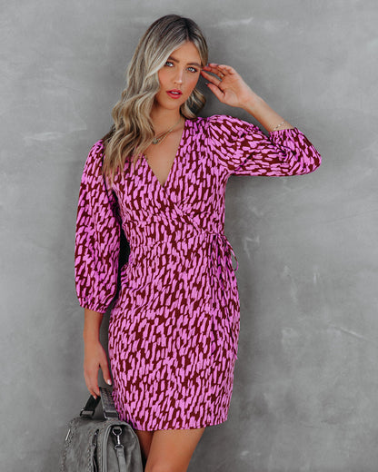 Abstract Print Wrap Tie Waist Puff Sleeve Mini Dress