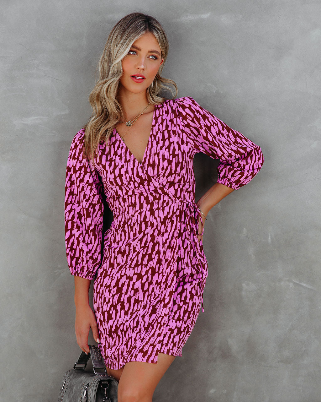 Abstract Print Wrap Tie Waist Puff Sleeve Mini Dress