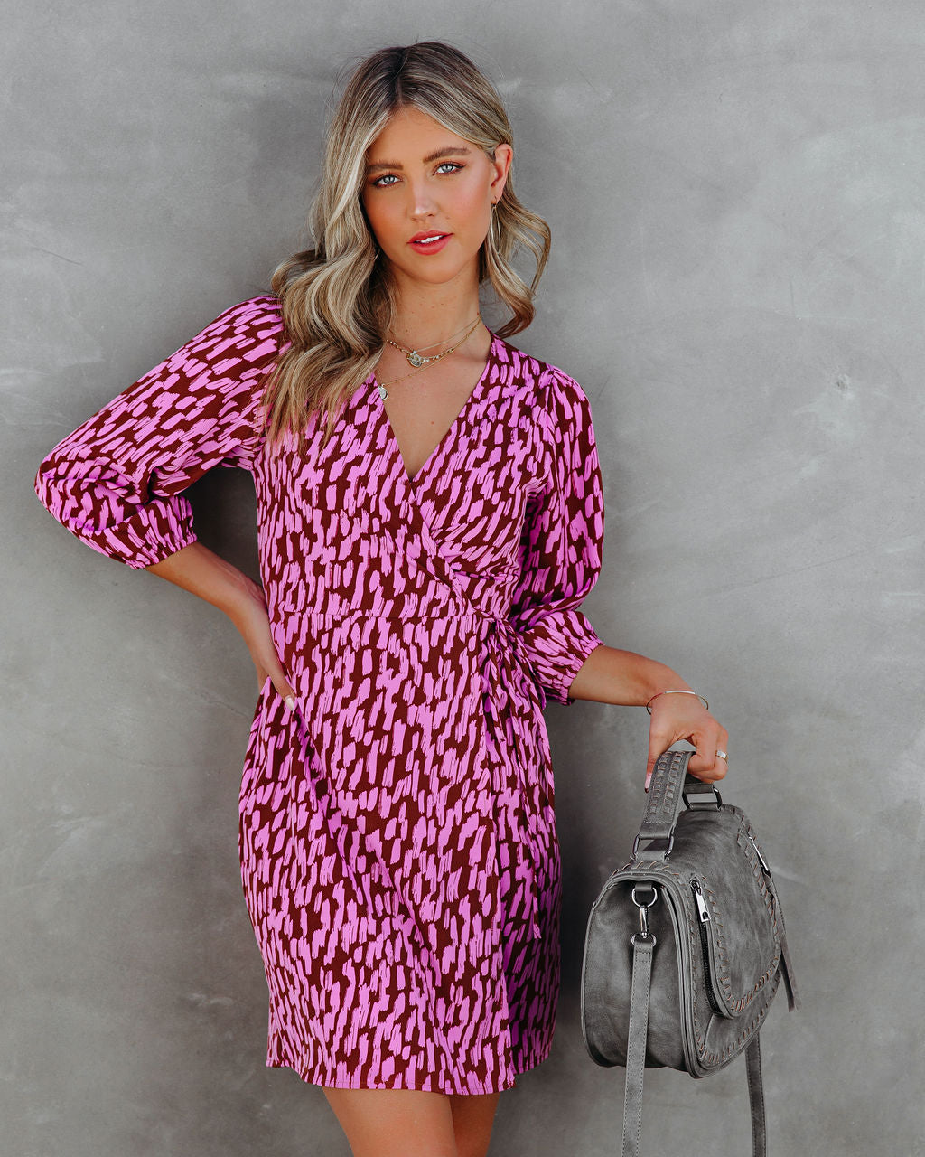 Abstract Print Wrap Tie Waist Puff Sleeve Mini Dress