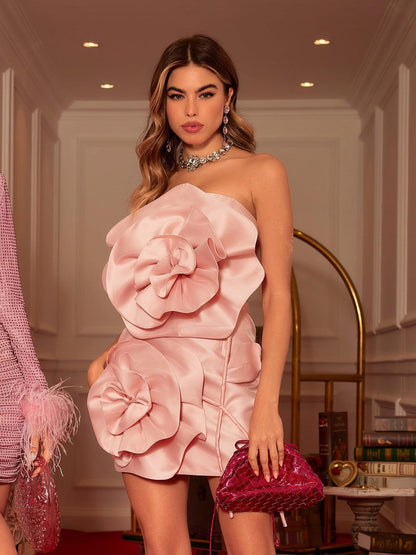 Strapless 3D Rosette Satin Side Tie Mini Dress