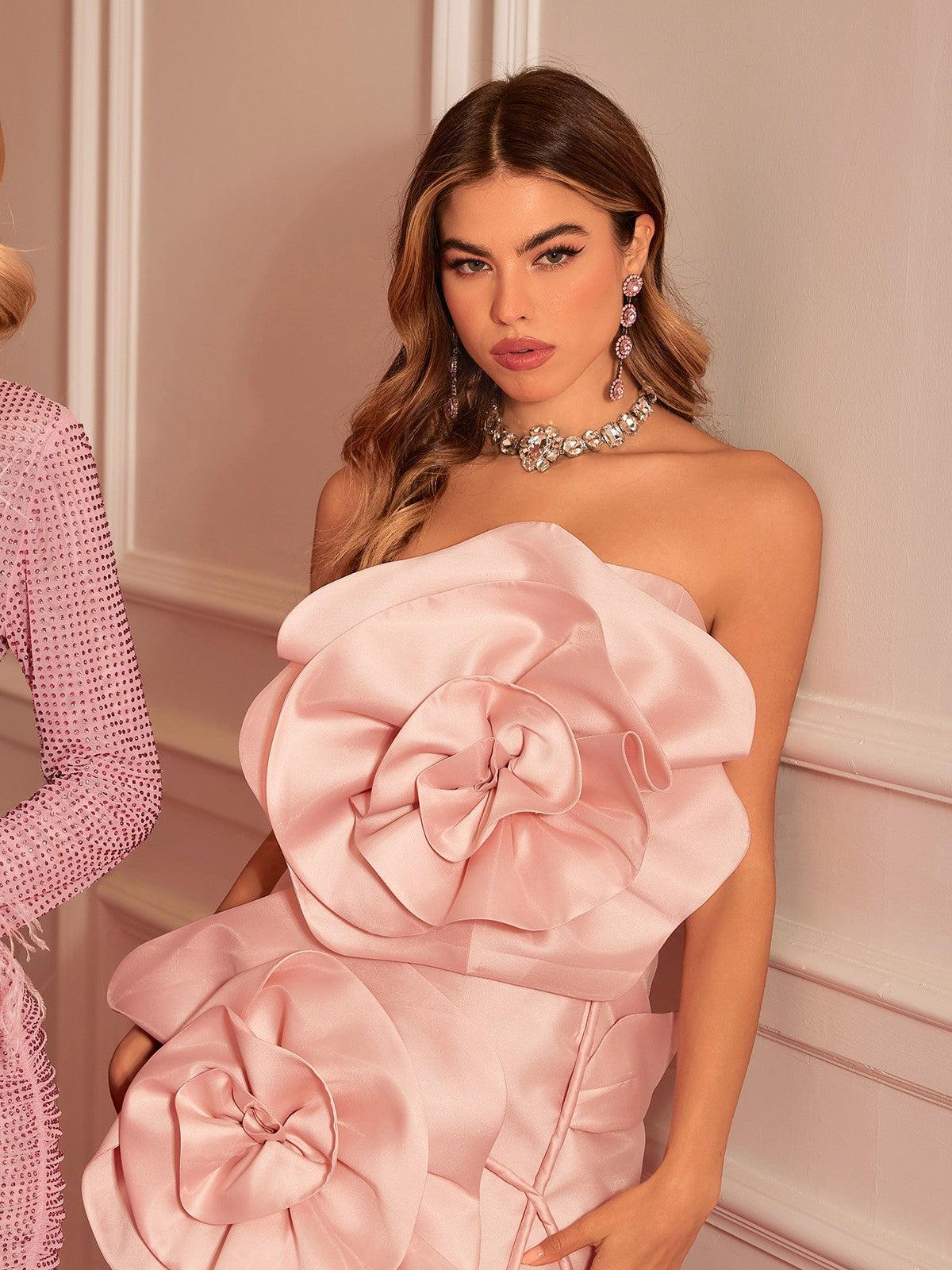 Strapless 3D Rosette Satin Side Tie Mini Dress