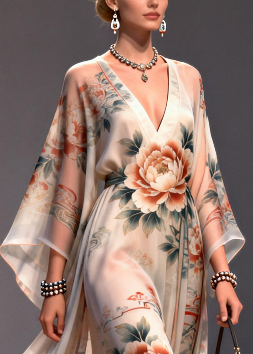 Deep V-Neck Peony Print Balloon Sleeve Sheer Chiffon Maxi Dress