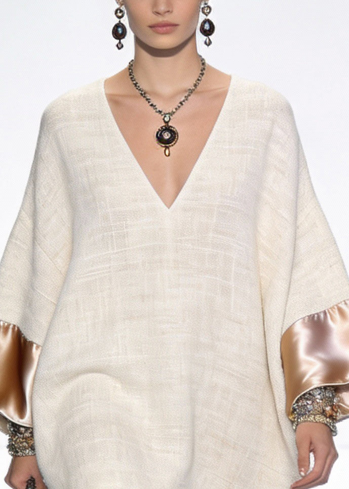 Deep V-Neck Boucle Kimono Sleeve Beaded Cuff Embellished Mini Tunic Dress