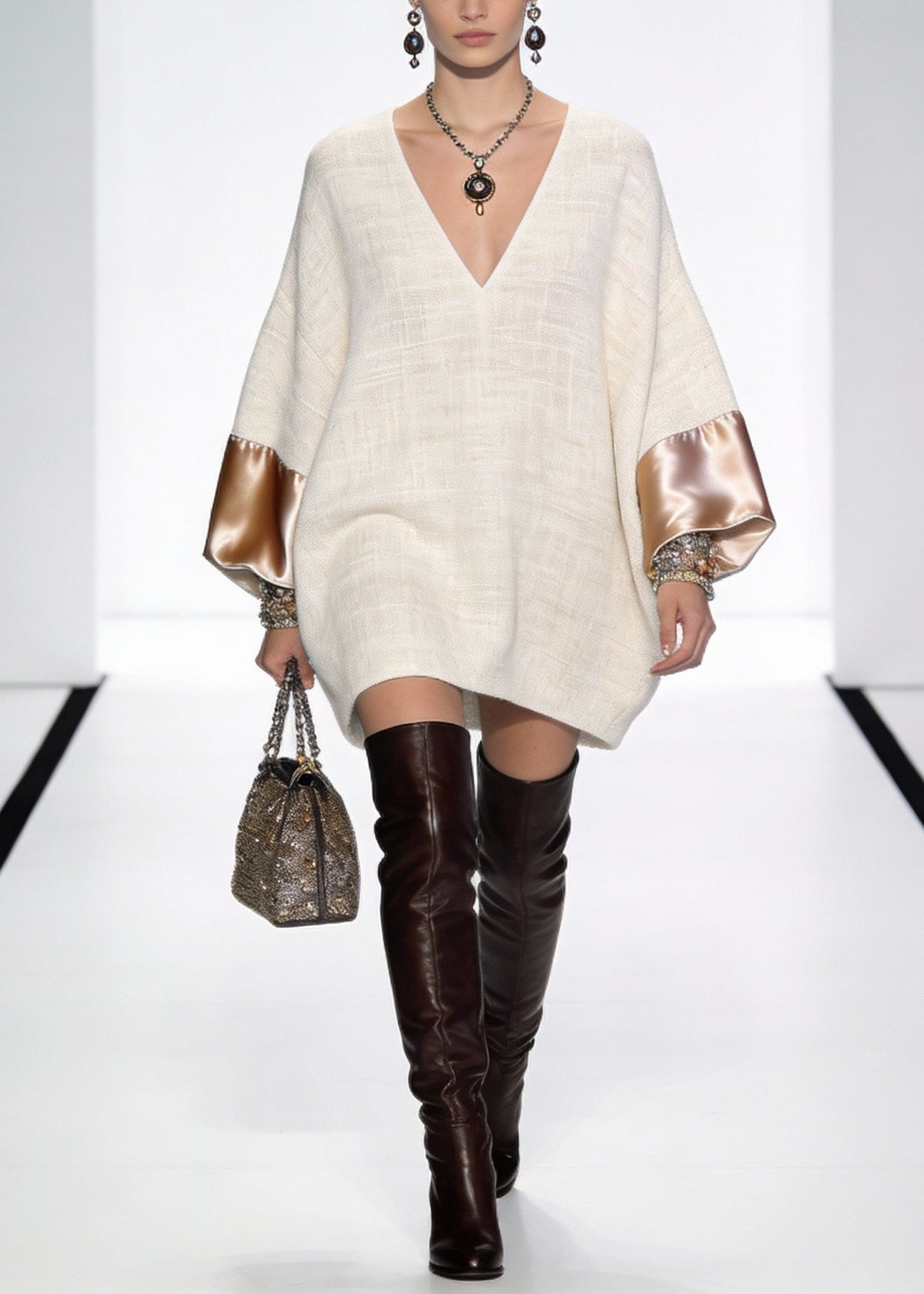 Deep V-Neck Boucle Kimono Sleeve Beaded Cuff Embellished Mini Tunic Dress