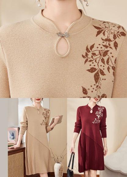 Mandarin Collar Embroidered Pleated Asymmetric Knit Midi Dress