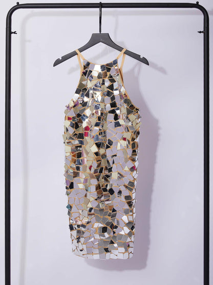 Halter Neck Mirrored Shard Mosaic Bodycon Mini Dress