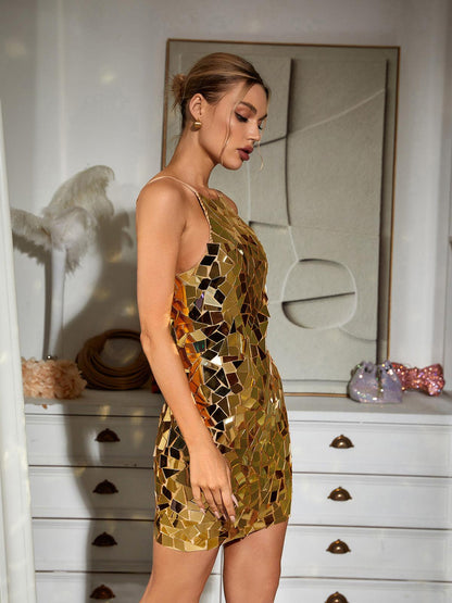 Halter Neck Mirror Shard Mosaic Waist Cutout Bodycon Mini Dress