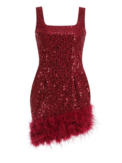 Square Neck Sequin Bodycon Mini Dress with Ostrich Feather Hem