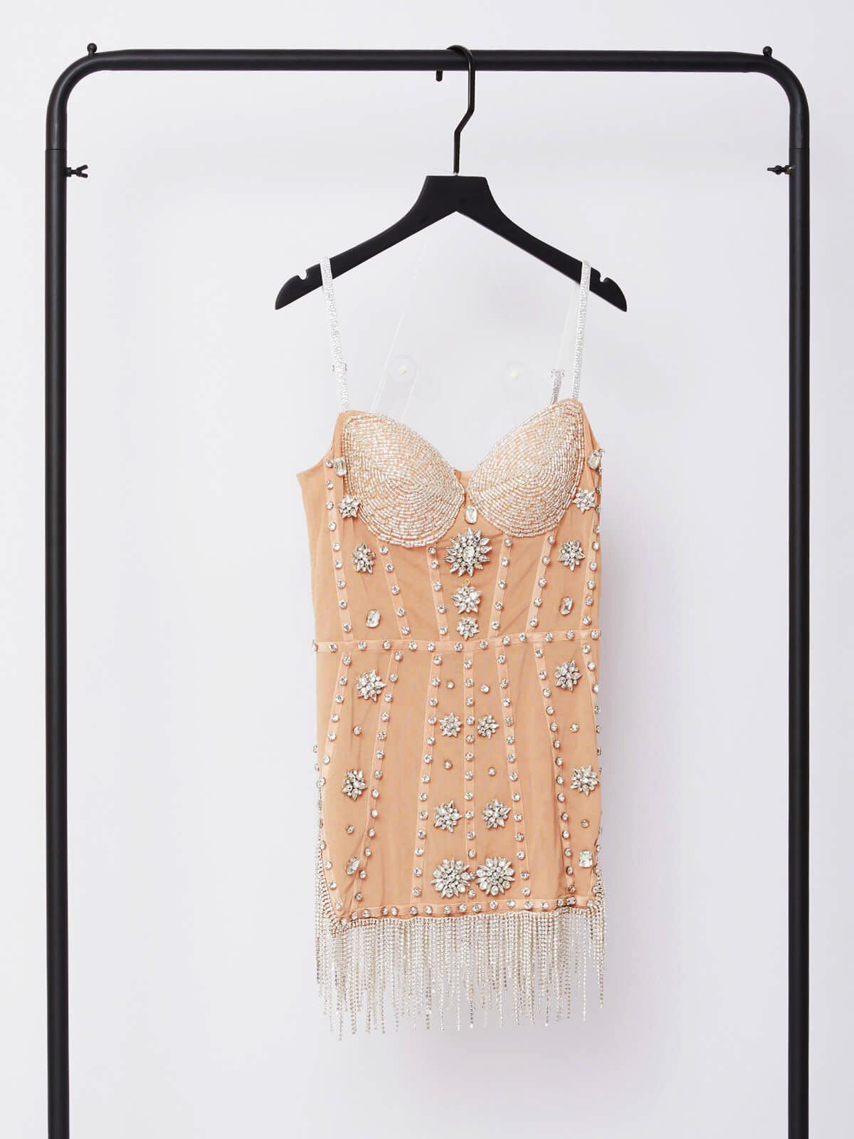 Sweetheart Corset Mesh Mini Dress with Rhinestone Cups and Fringe Hem