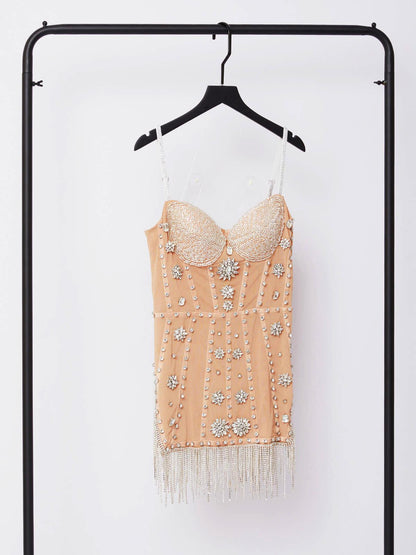 Sweetheart Corset Mesh Mini Dress with Rhinestone Cups and Fringe Hem