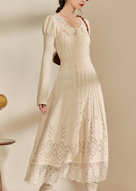 Sweetheart Neck Crochet Rosette Cable Knit Pointelle Lace Hem Maxi Sweater Dress