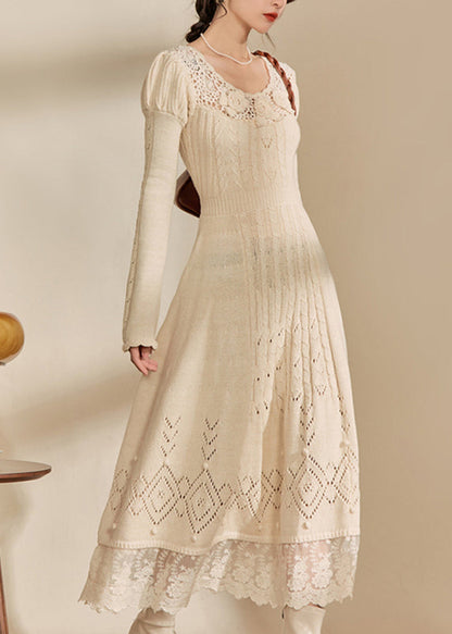 Sweetheart Neck Crochet Rosette Cable Knit Pointelle Lace Hem Maxi Sweater Dress