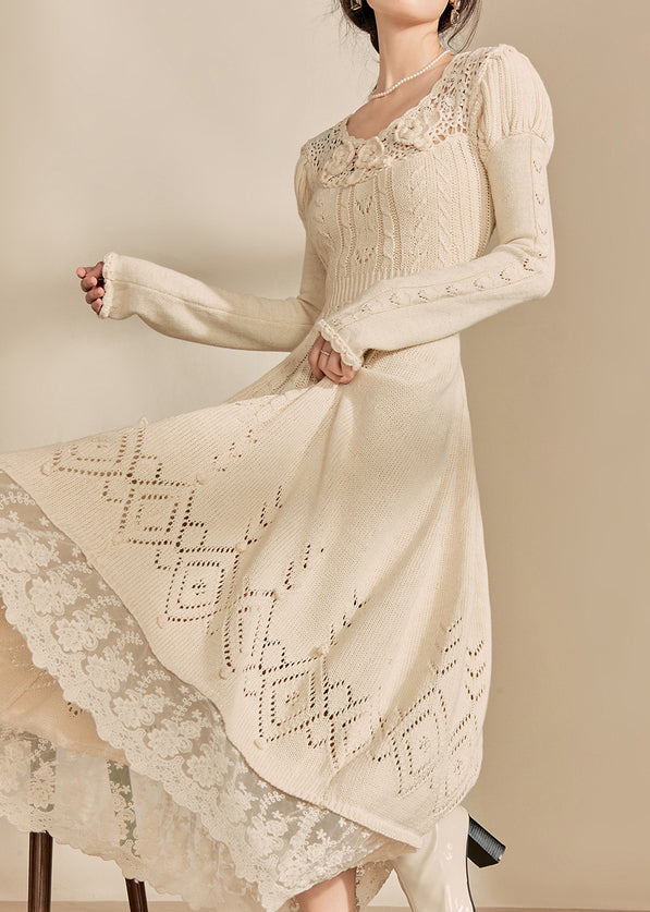 Sweetheart Neck Crochet Rosette Cable Knit Pointelle Lace Hem Maxi Sweater Dress