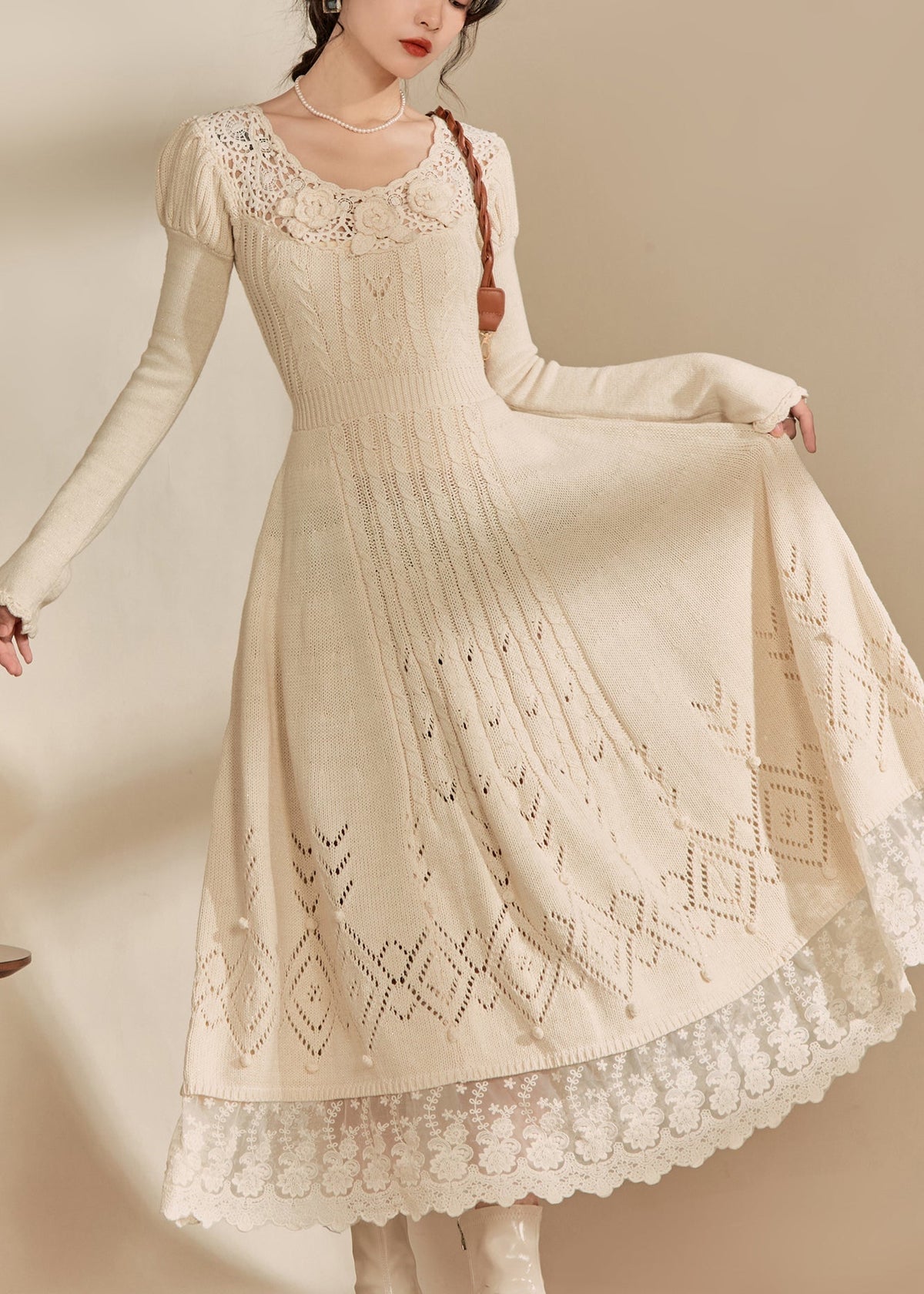 Sweetheart Neck Crochet Rosette Cable Knit Pointelle Lace Hem Maxi Sweater Dress