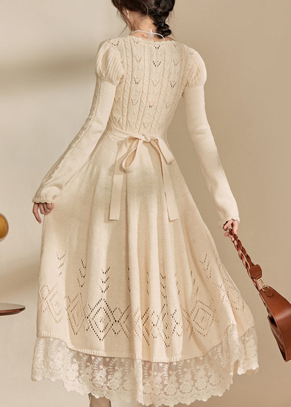 Sweetheart Neck Crochet Rosette Cable Knit Pointelle Lace Hem Maxi Sweater Dress