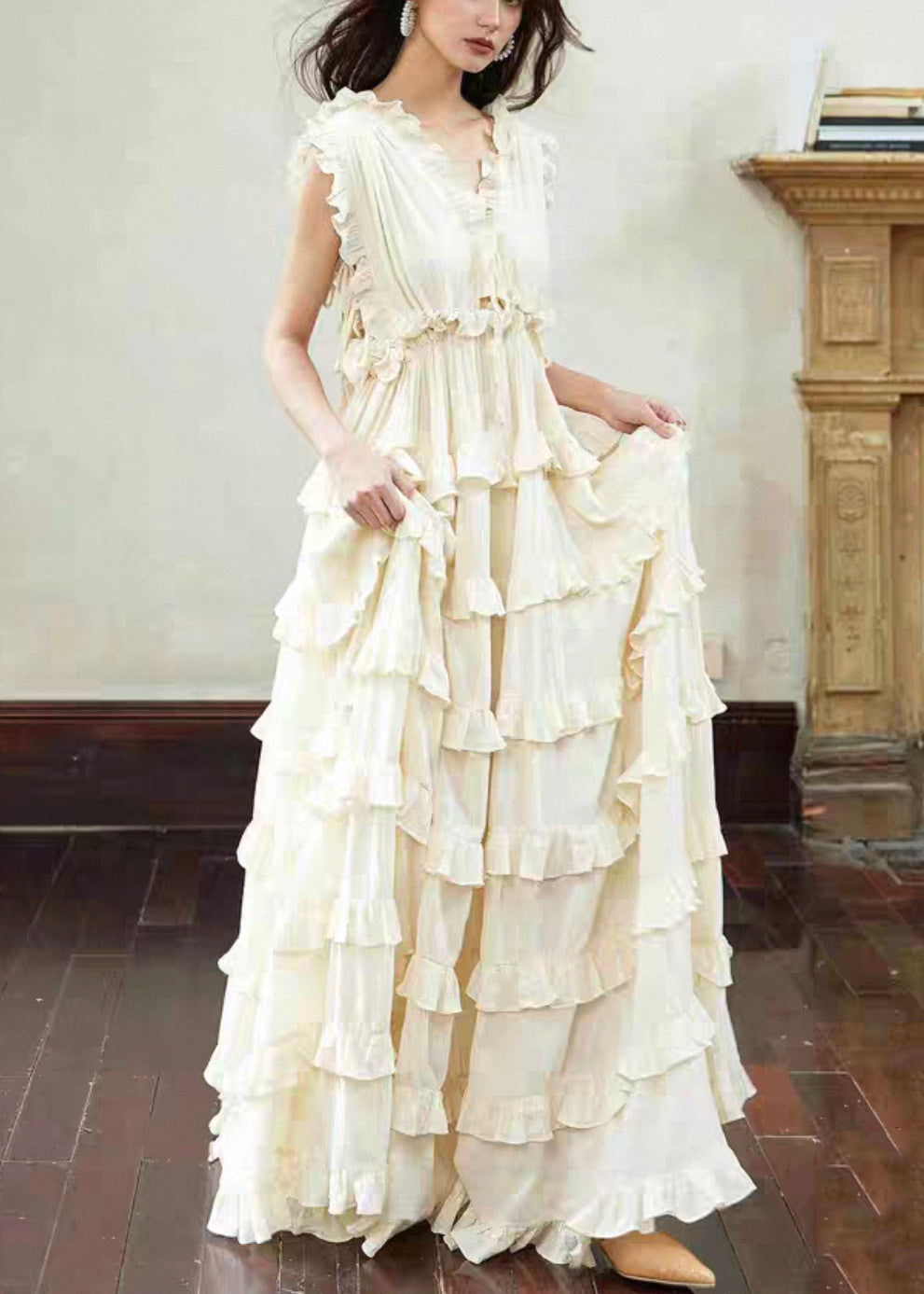 V-Neck Tiered Ruffle Empire Waist Sleeveless Maxi Dress
