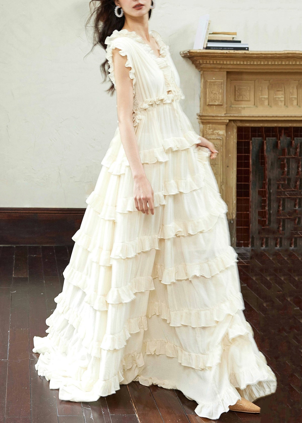 V-Neck Tiered Ruffle Empire Waist Sleeveless Maxi Dress
