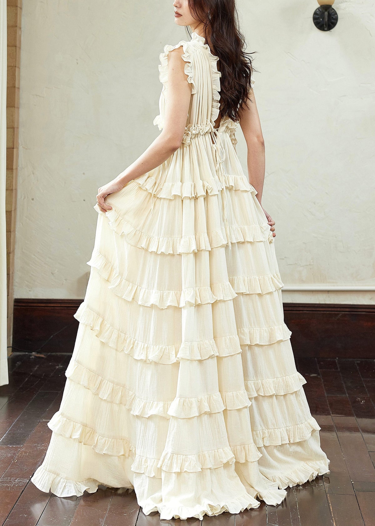 V-Neck Tiered Ruffle Empire Waist Sleeveless Maxi Dress