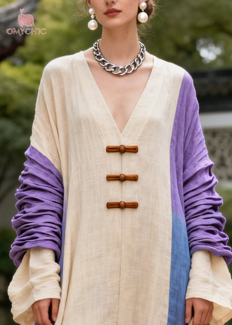Deep V-Neck Frog Button Ruched Bell Sleeve Colorblock Linen Maxi Dress