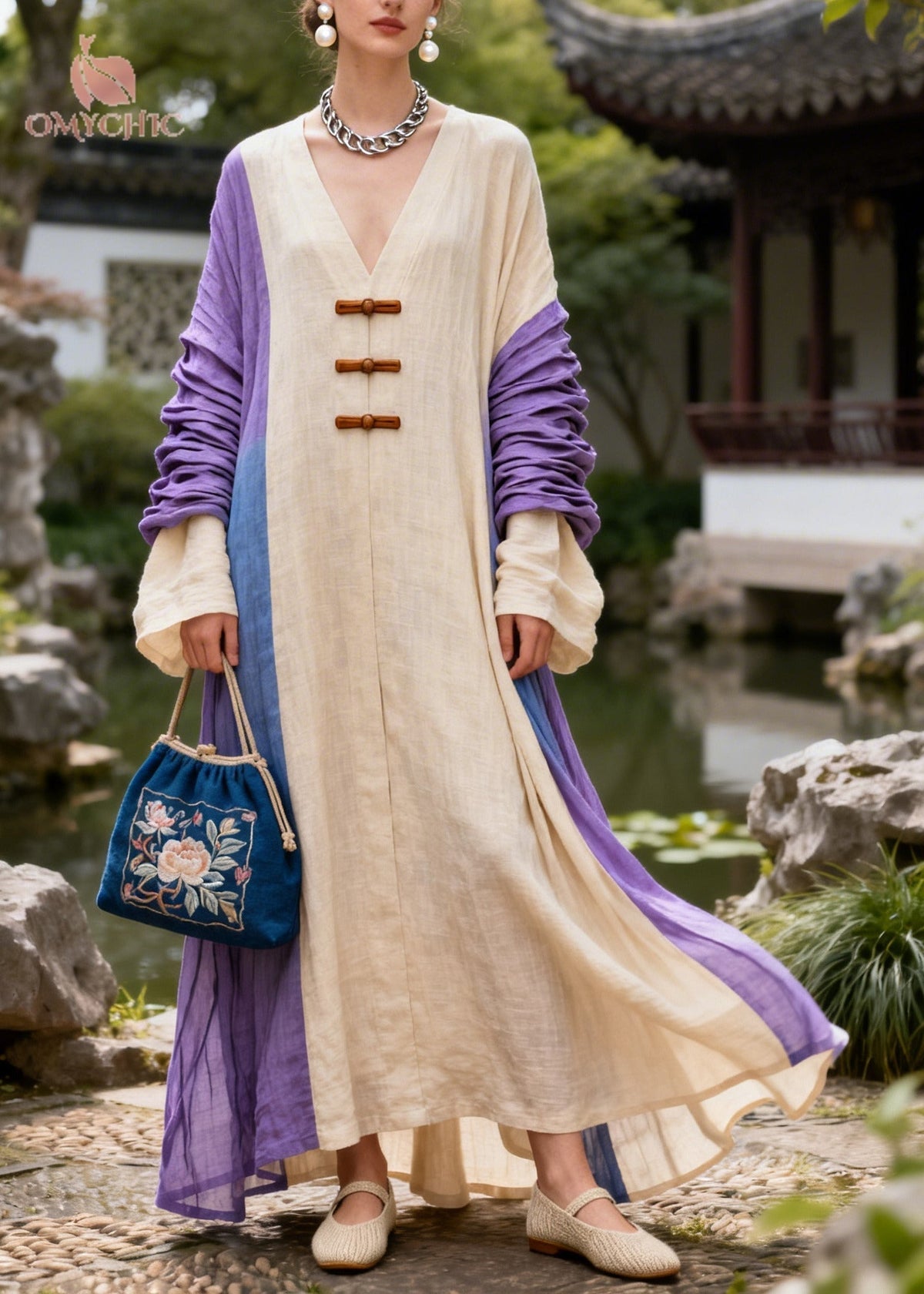 Deep V-Neck Frog Button Ruched Bell Sleeve Colorblock Linen Maxi Dress