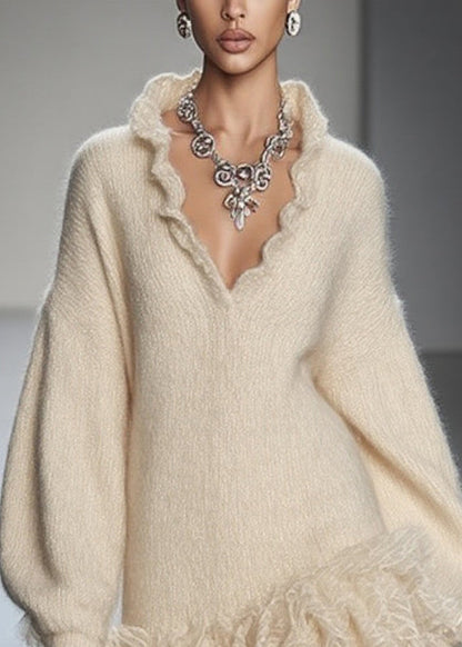 Ruffled Collar V-Neck Lantern Sleeve Mohair Mini Sweater Dress with Organza Ruffle Hem