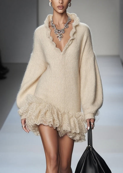 Ruffled Collar V-Neck Lantern Sleeve Mohair Mini Sweater Dress with Organza Ruffle Hem