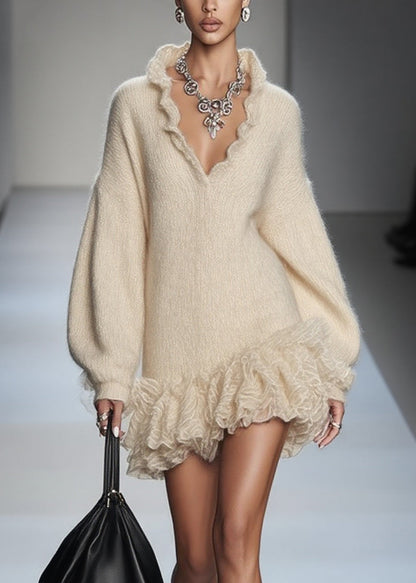 Ruffled Collar V-Neck Lantern Sleeve Mohair Mini Sweater Dress with Organza Ruffle Hem