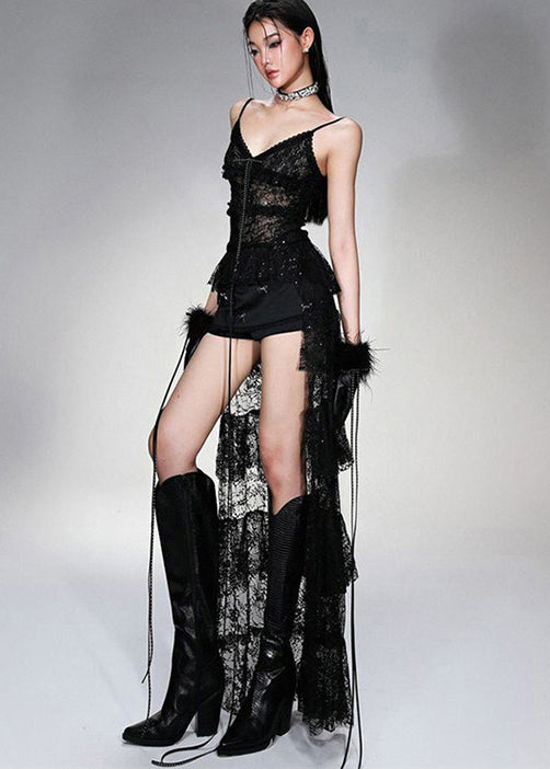 Lace Camisole Tiered Train Overlay High-Low Lace Gown