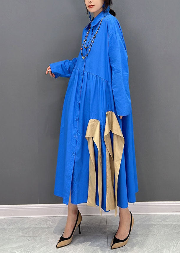 Pointed Collar Button Front Gathered Waist Contrast Sash Oversized Maxi Shirt Dress