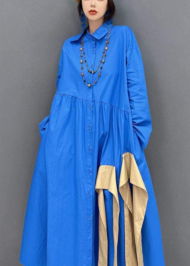 Pointed Collar Button Front Gathered Waist Contrast Sash Oversized Maxi Shirt Dress