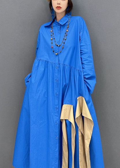 Pointed Collar Button Front Gathered Waist Contrast Sash Oversized Maxi Shirt Dress
