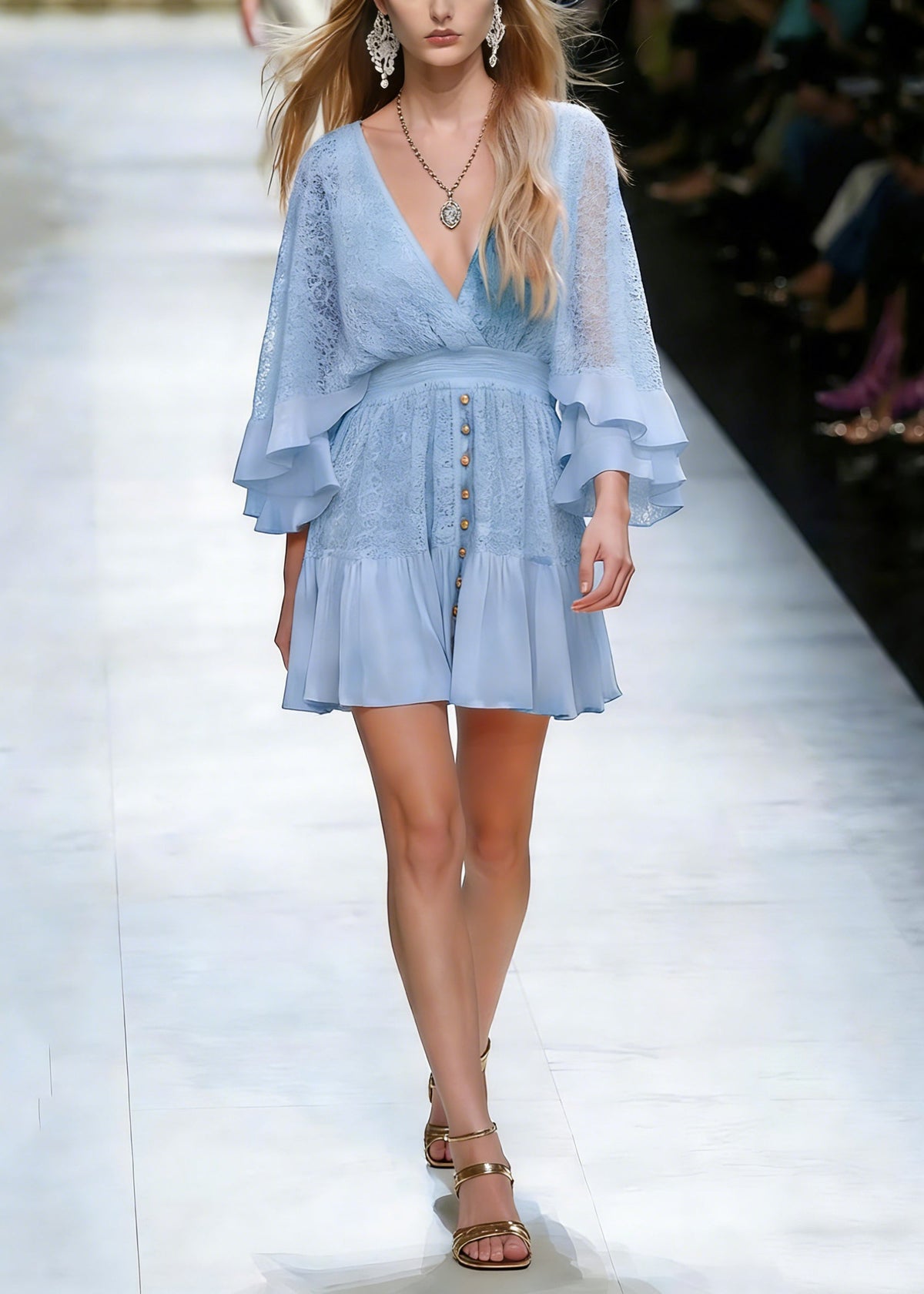 Deep V Neck Lace Bell Sleeve Smocked Waist Button Front Mini Dress