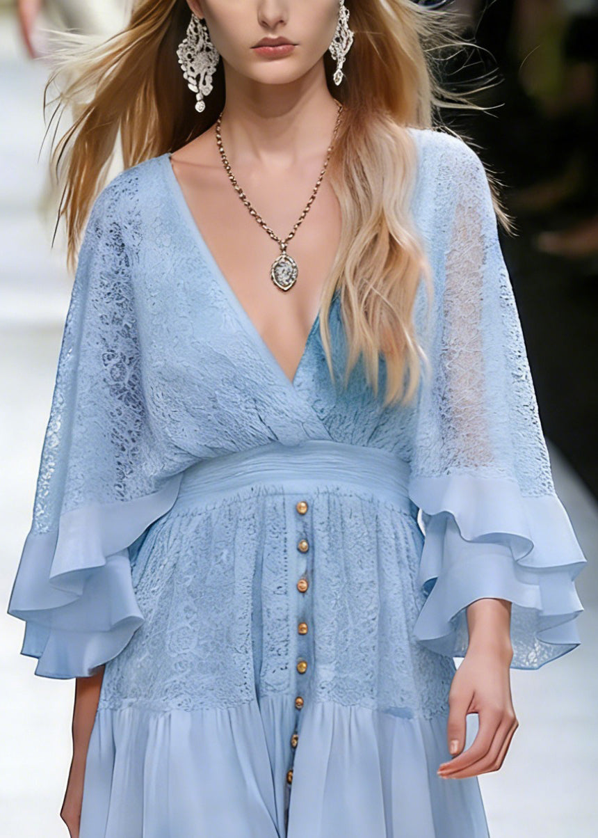 Deep V Neck Lace Bell Sleeve Smocked Waist Button Front Mini Dress