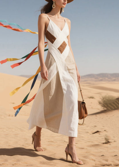 Spaghetti Strap V-Neck Colorblock Wrap Ribbon Tie Maxi Dress