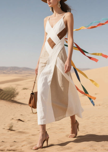 Spaghetti Strap V-Neck Colorblock Wrap Ribbon Tie Maxi Dress