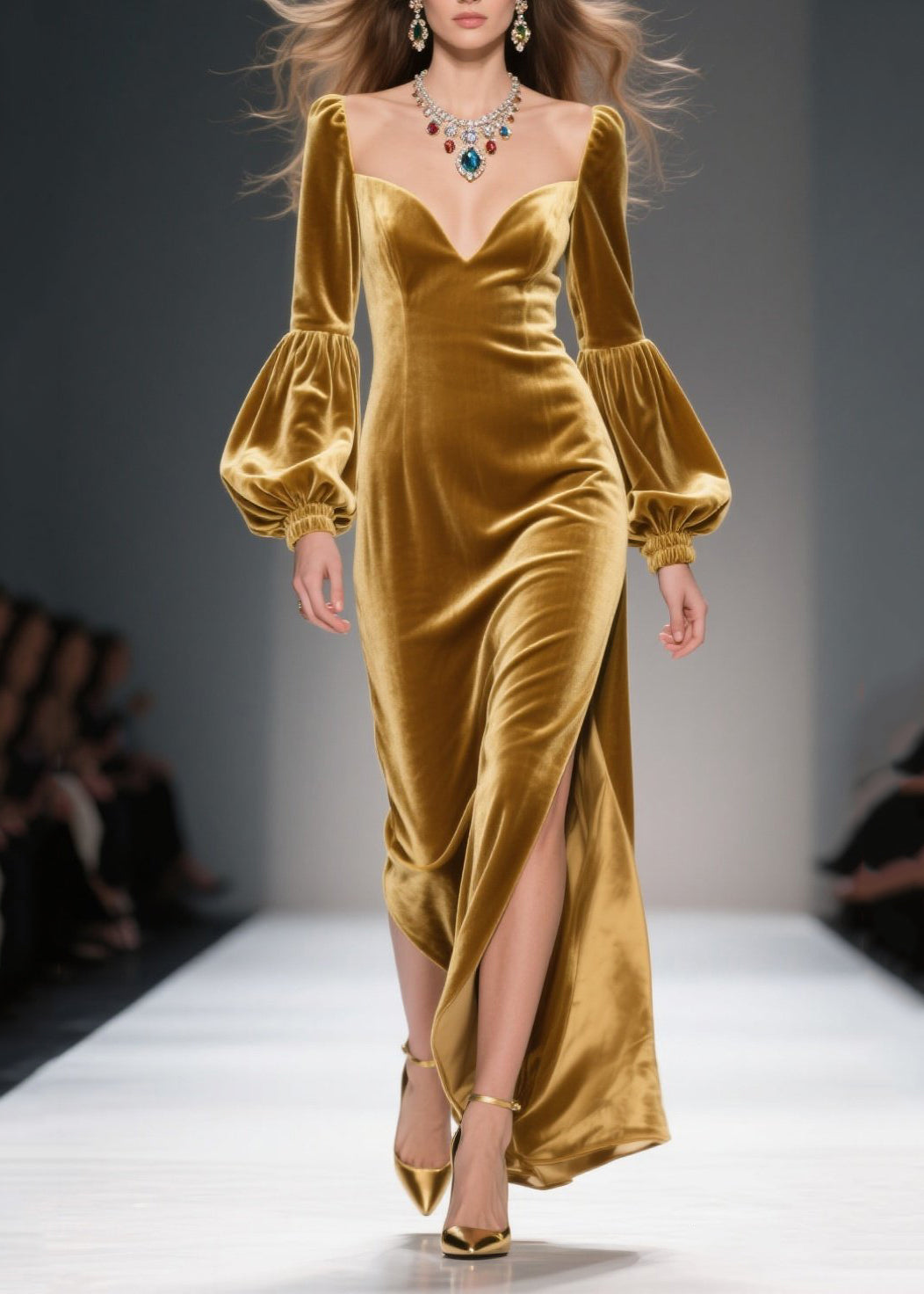Sweetheart Neck Bishop Sleeve Velvet High-Slit Column Gown