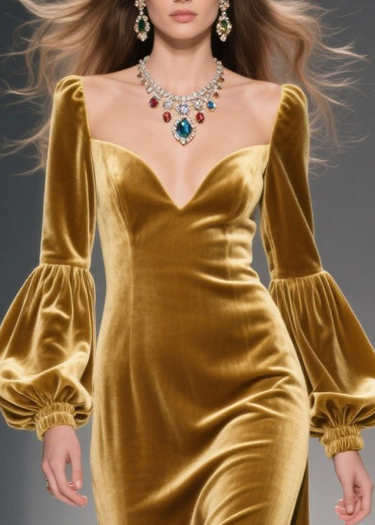 Sweetheart Neck Bishop Sleeve Velvet High-Slit Column Gown