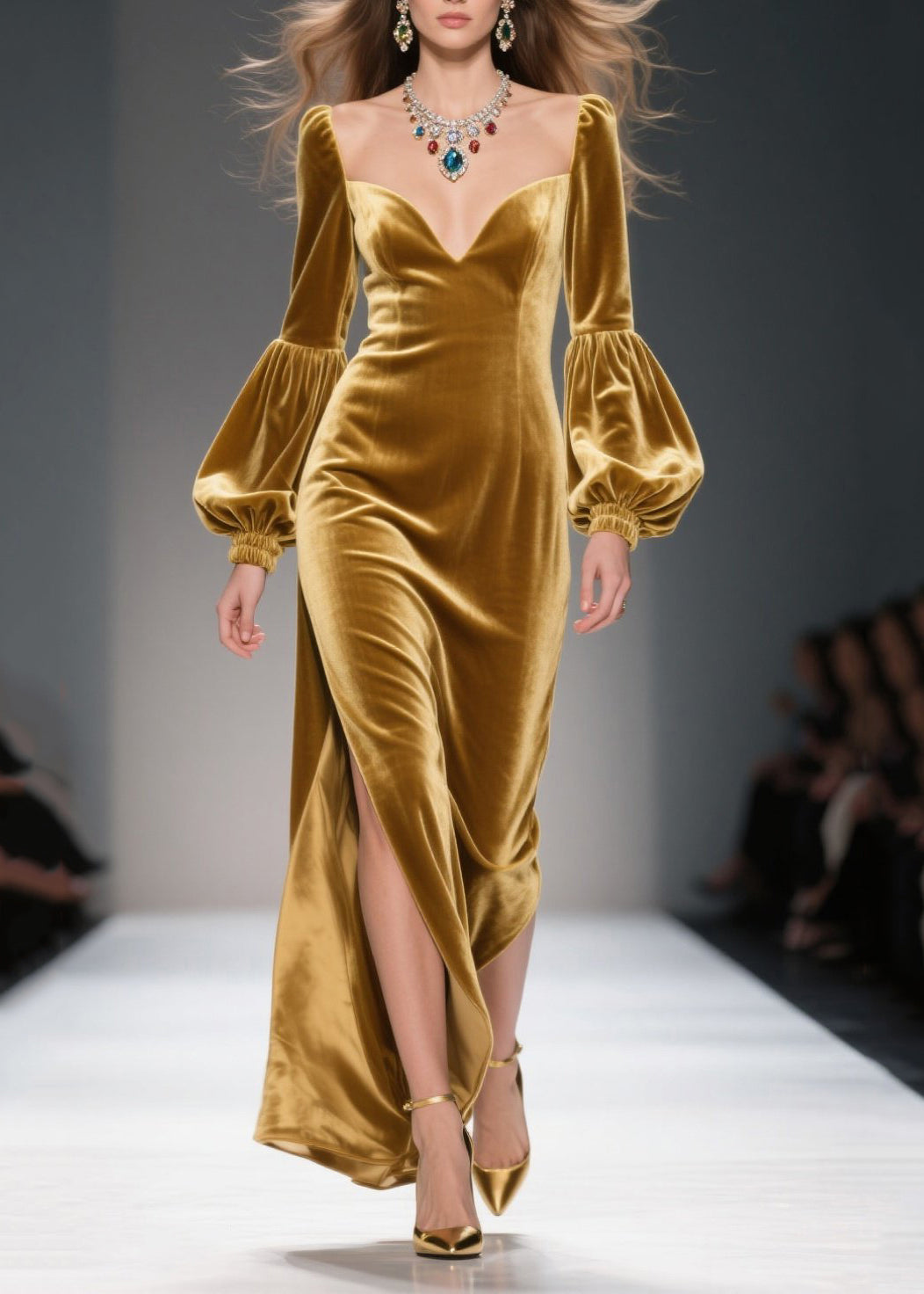 Sweetheart Neck Bishop Sleeve Velvet High-Slit Column Gown