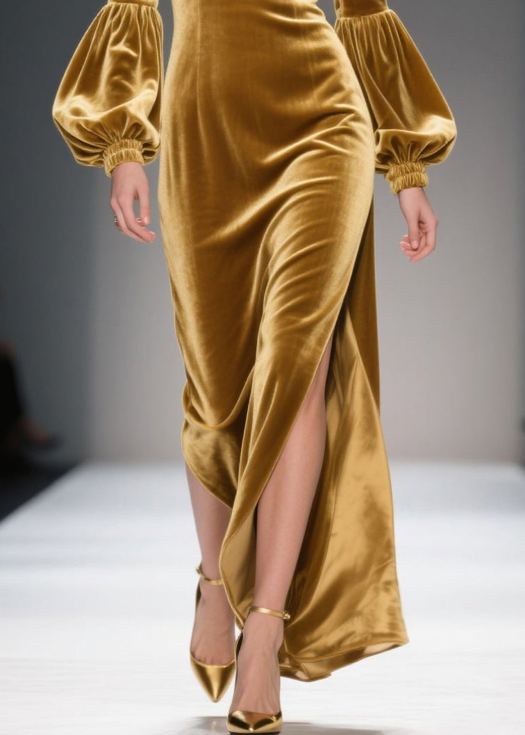 Sweetheart Neck Bishop Sleeve Velvet High-Slit Column Gown