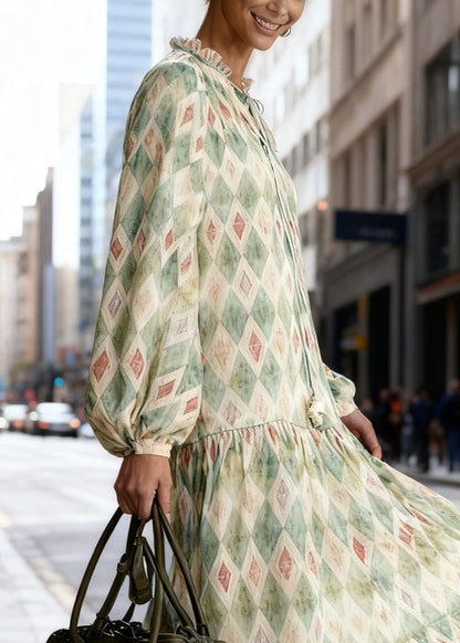 High Neck Ruffle Collar Tie-Front Diamond Check Drop Waist Flare Sleeve Midi Dress