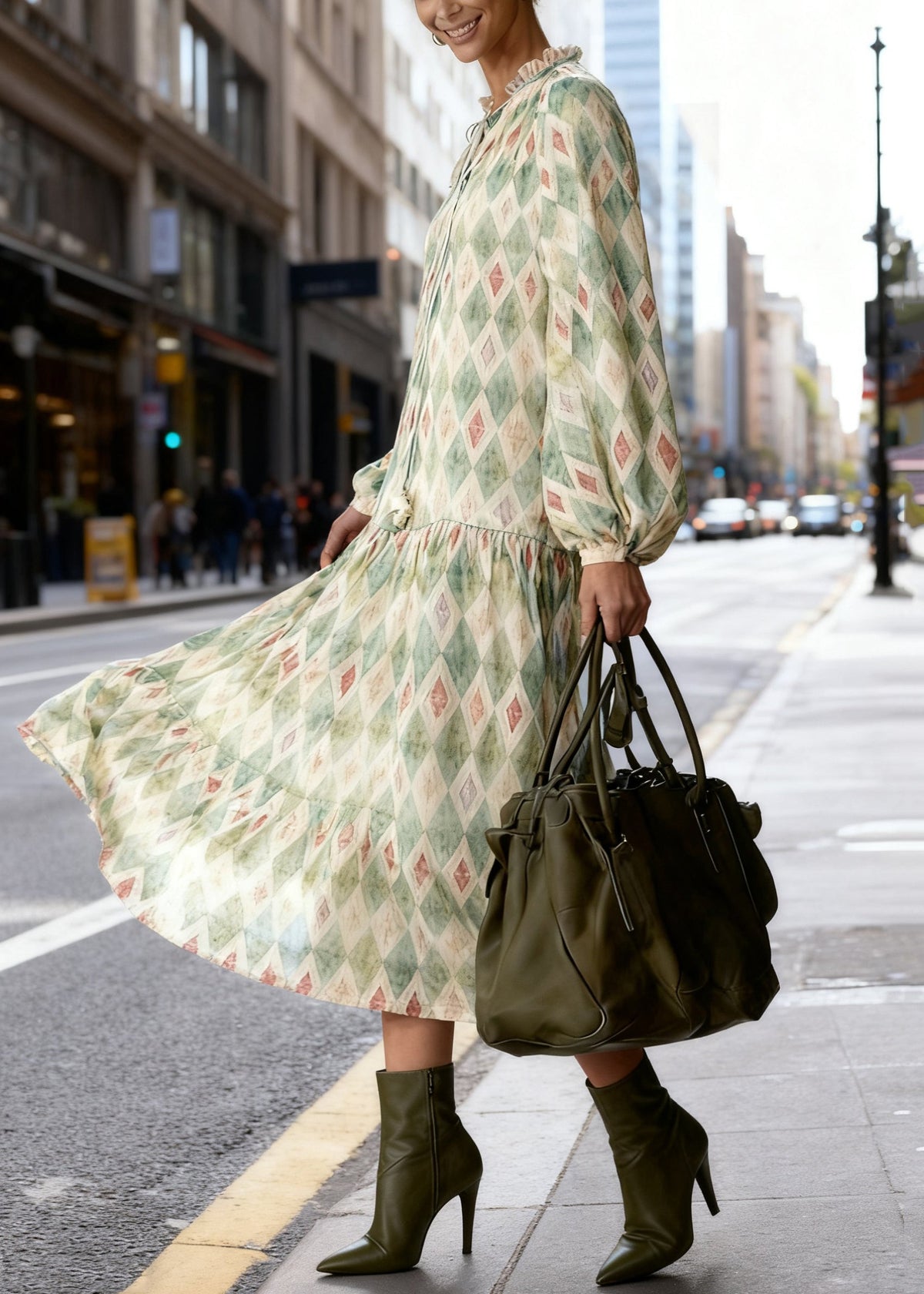 High Neck Ruffle Collar Tie-Front Diamond Check Drop Waist Flare Sleeve Midi Dress