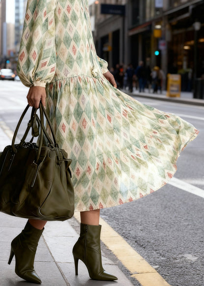 High Neck Ruffle Collar Tie-Front Diamond Check Drop Waist Flare Sleeve Midi Dress